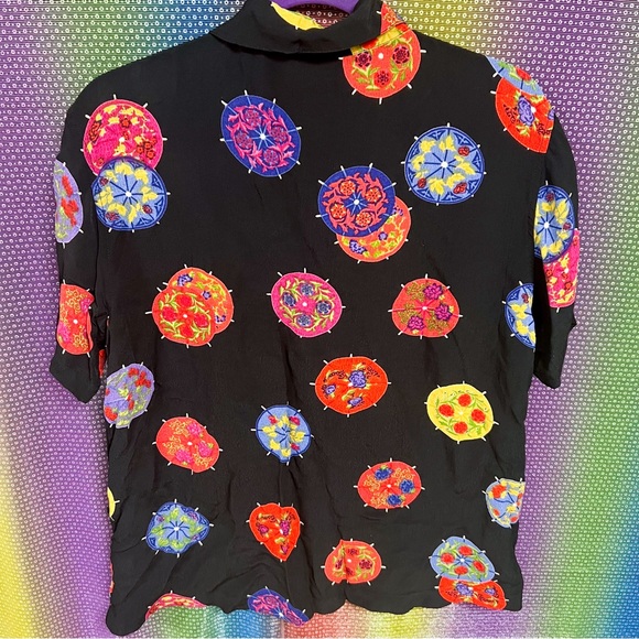 Chico’s Design women’s vintage paper parasols black raylon button up - Picture 3 of 5